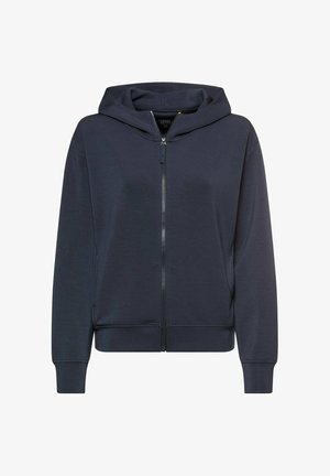 Navy blue full-zip hoodie with front pockets, long sleeves, and a fitted hood, shown on a white background.