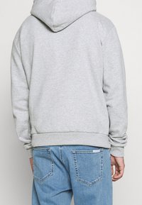 Felpa grigia con una texture morbida, con polsini e orlo a coste, e un cappuccio. Indossata sopra jeans blu, mostrando la vista posteriore con dettagli minimi.