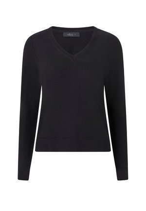 Sort langærmet V-udskæringstrøje med ribstrikkede manchetter og kant, størrelse small, mærke "ellos".