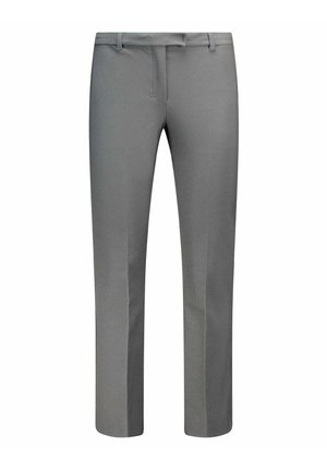 Pantaloni eleganti grigi a gamba dritta con passanti per cintura e chiusura con cerniera frontale, mostrati su sfondo bianco.