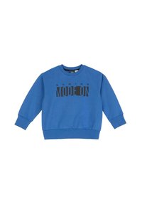 Blå sweatshirt med rund halsringning, ribbade ärmslut och nederkant; har svart texten "GAMING MODE ON" tvärs över framsidan. Slät tygtextur.