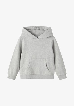 Szara bluza z kapturem wykonana z miękkiej mieszanki bawełny, z przednią kieszenią typu kangur oraz ściągaczami na mankietach i dole. Prosty wzór bez nadruków.