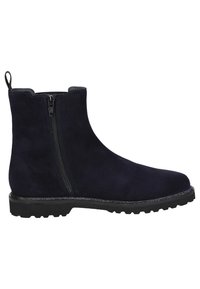 Stivaletti in suede blu navy con cerniera laterale, superficie testurizzata, suola in gomma con presa, e un tab per un facile indossamento.