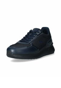 Sneaker blu navy con punta in pelle liscia, parte superiore in rete e suola in gomma nera texturizzata. Presenta lacci piatti e design arrotondato.