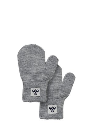 Graue gestrickte Handschuhe mit einem gerippten Bund und einem Logo-Patch. Weicher Stoff und abgerundete Fingerfächer. Langlebiger Stoff und einfaches Design.