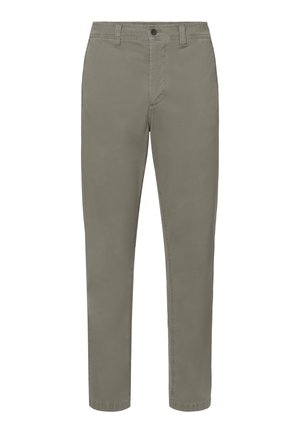 Pantaloni casual da uomo a taglio dritto in verde oliva con passanti per cintura, bottone frontale e tasche laterali.