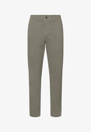 Pantaloni casual da uomo a taglio dritto in verde oliva con passanti per cintura, bottone frontale e tasche laterali.