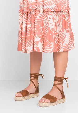 Hnědé kožené espadrilky s řemínky na kotníku, s jute platformou a otevřenou špičkou, ve spojení s růžovými květinovými šaty.