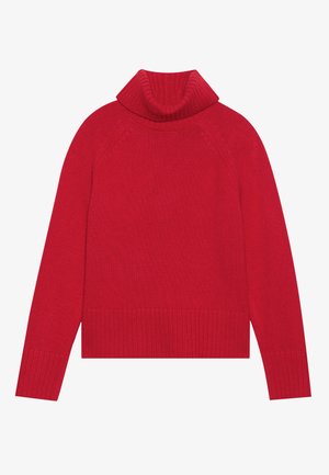 Maglione rosso lavorato a maglia con collo alto, polsini e orlo a costine. Presenta una vestibilità ampia e maniche raglan per un comfort extra.