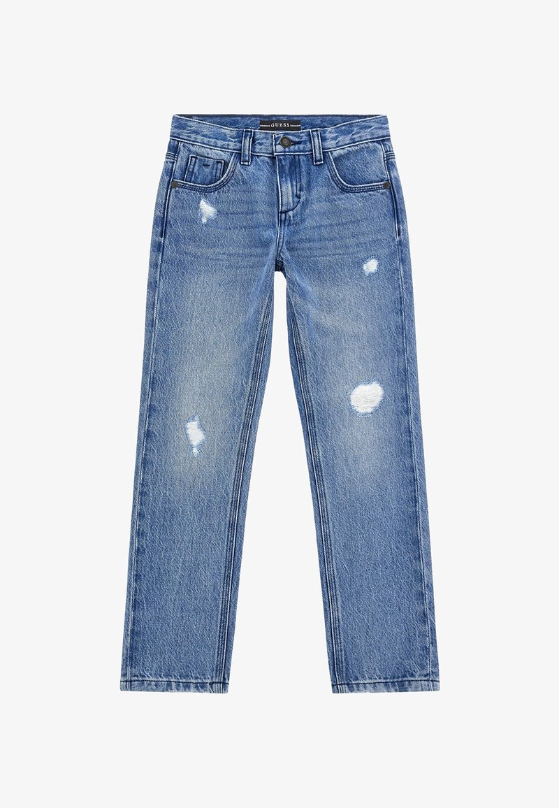 Jeans in denim azzurro chiaro con vestibilità dritta, caratterizzati da toppe usurate e dettagli a effetto sbiadito. Design classico con cinque tasche e passanti per cintura.