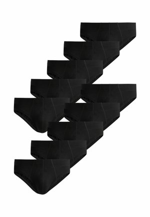 Ti par sorte herreunderbukser med synlige sømme, arrangeret i et forskudt mønster på en hvid baggrund.