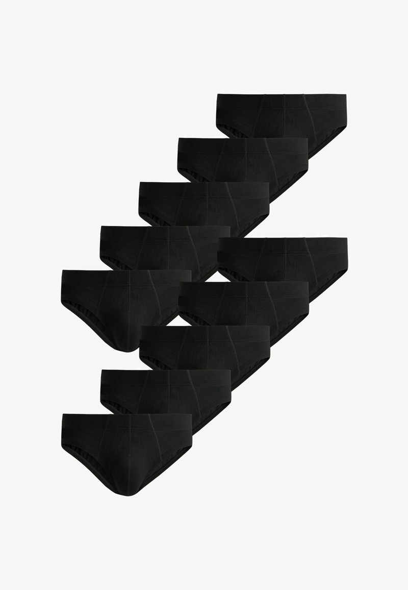 Dix paires de slips noirs pour hommes avec des coutures visibles, disposées en motif décalé sur un fond blanc.