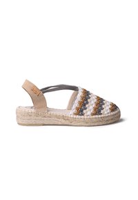 Woven espadrille with a striped pattern in brown, gray, and white. Features a tan suede heel and elastic straps for support. Jute sole.