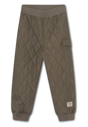 Quilte bukser i teal laget av syntetisk materiale med elastisk midje, sidelomme og hylse ved ankler. Har et lite merke.