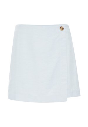 Heleliine sinine ümber seelik, mis on valmistatud tekstuurse pinnaga kangast, külgknopka detailiga ja lihtsa, otse lõikega disainiga.
