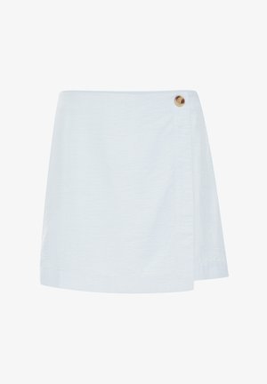 Lichtblauwe wikkelrok gemaakt van stof met een gestructureerde afwerking, met een zijknopdetail en een eenvoudige, rechte snit.