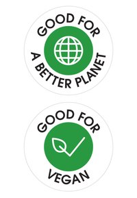 Etichette circolari con un globo verde e un segno di spunta, con testo nero che recita "BUONO PER UN PIANETA MIGLIORE" e "BUONO PER VEGANI."