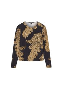 Pikkade varrukatega must topp, millel on keerukas kuldne paisleemotiiv, ümar kaelus ja lõdvestunud istuvus. Valmistatud pehmest kangast.