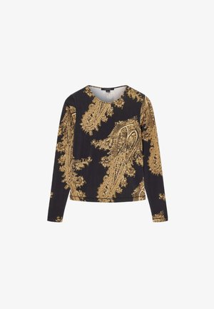 Černý top s dlouhým rukávem a složitým zlatým paisley vzorem, s kulatým výstřihem a volným střihem. Vyrobeno z měkkého materiálu.
