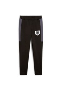Zwarte joggers met grijze zijpanelen, een elastische tailleband en een witte Puma-logo patch. Gemaakt van zachte stof en heeft een slim fit ontwerp.