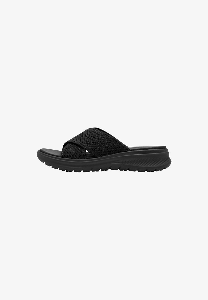 Schwarze Rutschschuhe mit einem Obermaterial aus Netzstoff, einem Kreuzriemen-Design, einer gepolsterten Sohle und einer strukturierten Gummisohle für besseren Halt.