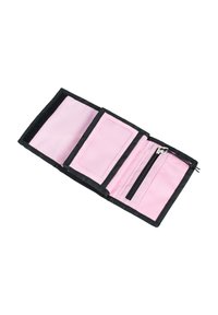 Black fabric wallet, open view. Features pink interior, clear ID slot, zippered coin pocket, and various card slots. Smooth texture.