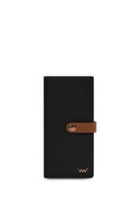 Black leather wallet with textured surface, featuring a brown strap and button closure, plus a small embossed logo at the bottom.