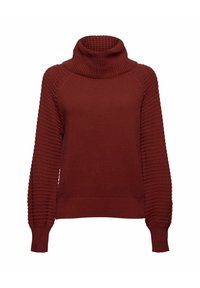 Pull en maille épaisse de couleur rouge profond, avec un col montant et des manches côtelées texturées. Matière douce avec une coupe décontractée.