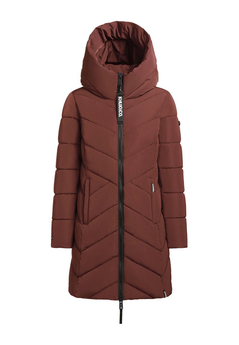 Cappotto puffer isolante marrone con un ampio colletto con cappuccio, chiusura con zip e tasche laterali con un motivo a rombi.