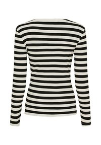 Langærmet top med sorte og hvide horisontale striber, der har en ribbet tekstur og en klassisk bådudskæring. Ingen synlige lukninger.