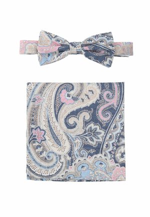 Navyblaues Fliegen- und Einstecktuch-Set mit einem Paisleymuster in Pink- und Beigetönen, aus einem Stoff mit strukturiertem Finish.