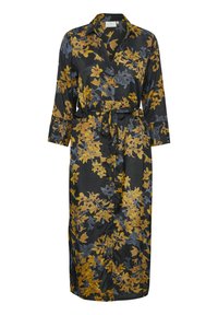 Robe à motif floral avec un fond noir orné de fleurs jaunes et bleues, design à col, manches longues et lien à la taille.