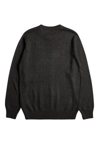 Mörkgrå stickad tröja med rund hals, långa ärmar, ribbade ärmslut och nederkant. Slät textur, inga synliga mönster eller metallinslag.