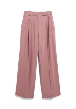 Wide-leg trousers in soft pink fabric, featuring front pleats, side pockets, a button closure, and a smooth texture.