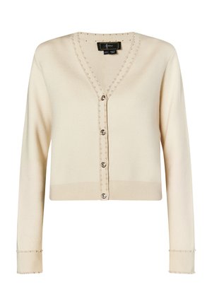 Beige gebreide cardigan met een V-hals en lange mouwen. Voorzien van decoratieve knopen en parelachtige accenten langs de randen. Gestructureerde afwerking.
