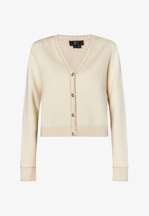 béžový pletený kardigan s výstřihem do V a dlouhými rukávy. Obsahuje dekorativní knoflíky a perlové akcenty podél okrajů. Texturovaný povrch.