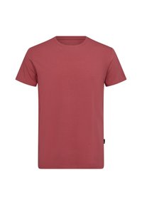 Camiseta de algodón roja con cuello redondo, mangas cortas, una textura suave y sin patrones ni acentos visibles.