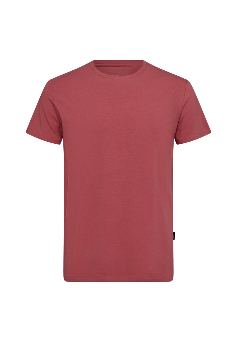 Camiseta de algodón roja con cuello redondo, mangas cortas, una textura suave y sin patrones ni acentos visibles.