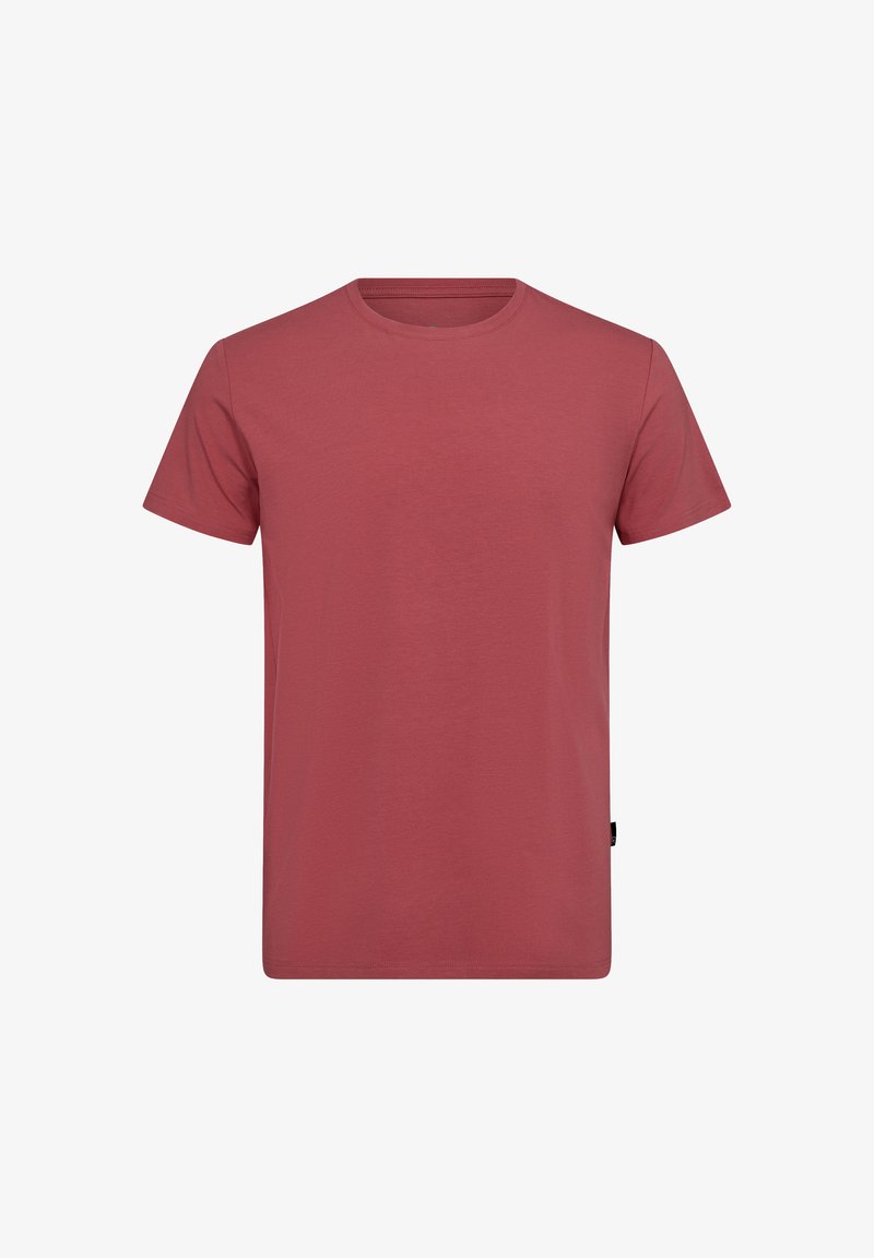 Punainen puuvillapaita, jossa on pyöreä kaula-aukko, lyhyet hihat, sileä pinta ja ei näkyviä kuvioita tai yksityiskohtia.