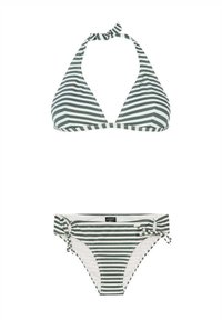 Set di bikini a righe con scollo all'americana. La parte superiore presenta righe verdi e bianche, mentre la parte inferiore ha dei lacci sui lati con lo stesso motivo.