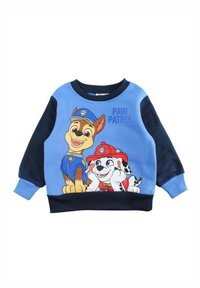 Sweat-shirt bleu avec des chiens en dessin animé, manches longues bleu marine. Le design comprend des imprimés de pattes et le texte "Paw Patrol". Tissu doux au toucher.