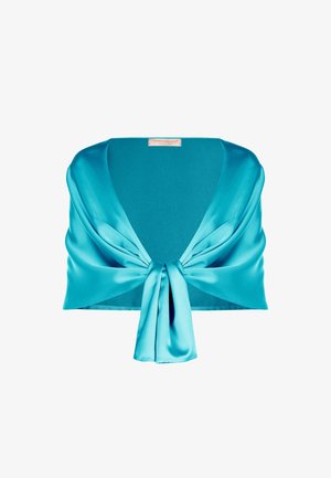 Boléro en satin turquoise vif avec large col et nœud avant, étiquette "RINASCIMENTO ATELIER".