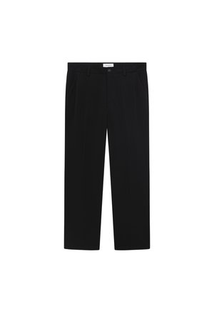 Black trousers featuring a straight-leg design, front pockets, and a button closure. Made from a smooth fabric with a sleek finish.