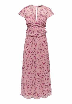 Roosa maksikleit lillade lillede mustriga, läbipaistvate lühikeste varrukatega, volangidega vöökohas ja võtmega kaelusega.