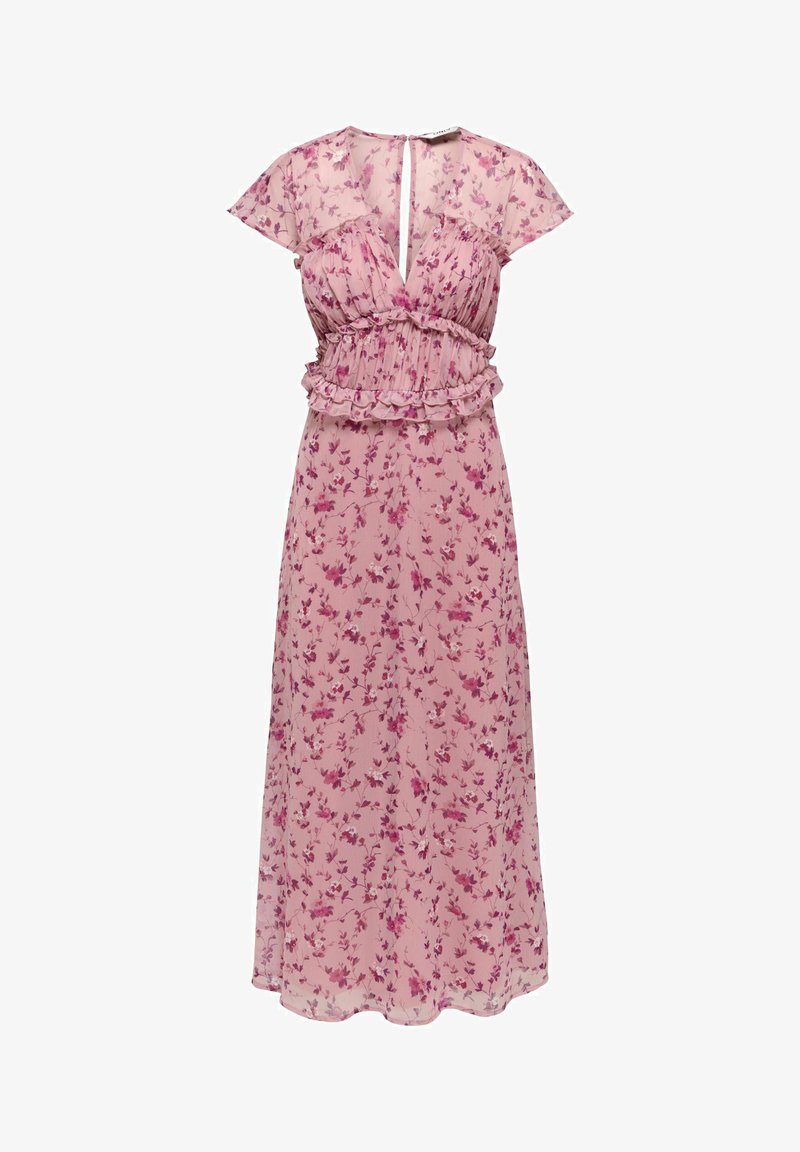 Vestido maxi rosa con estampado floral morado, mangas cortas transparentes, cintura fruncida y escote de ojo de cerradura.