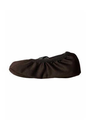 Black ballet flat shoe with elastic strap and soft sole, designed for flexibility and comfort.