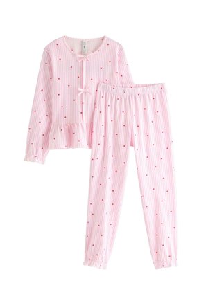 Set pigiama per ragazze rosa a righe con maniche lunghe, piccoli cuori rossi, pantaloni con vita elastica e dettagli con fiocchi sul top.