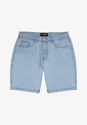 Light blue denim shorts featuring a mid-rise waist, five pockets, and contrasting stitching, with a smooth texture and a straight cut.
