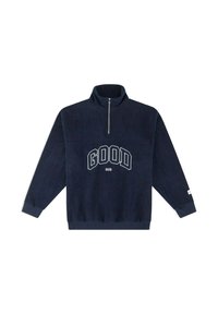 Marineblaue Fleece-Quarter-Zip-Sweatshirt mit hohem Kragen. Verfügt über weißen gestickten "GOOD"-Text sowie gerippte Bündchen und Saum. Weiche Textur.