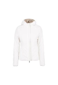 Witte gewatteerde jas met capuchon, voorrits en iets getailleerde taille, weergegeven tegen een effen witte achtergrond.
